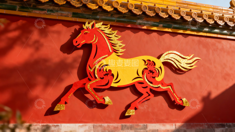 高清大图下载【趣麦麦图】红色墙面上的金色骏马剪纸艺术