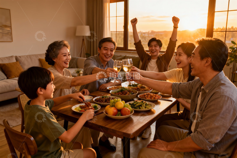 高清大图下载【趣麦麦图】温馨家庭聚餐举杯欢庆