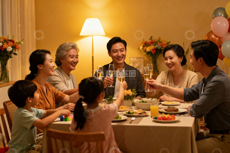 高清大图下载【趣麦麦图】温馨家庭聚餐举杯欢庆