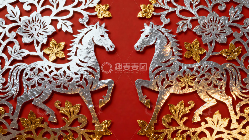 高清大图下载【趣麦麦图】红色背景上的银色马剪纸艺术