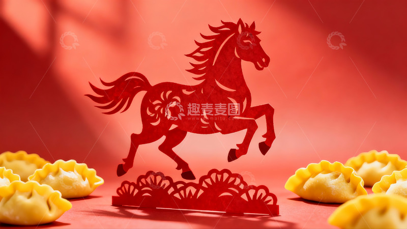 高清大图下载【趣麦麦图】红色剪纸马与饺子摆拍