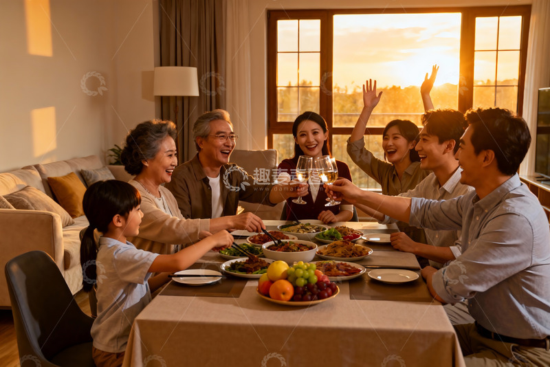 高清大图下载【趣麦麦图】温馨家庭聚餐夕阳同庆
