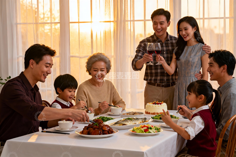 高清大图下载【趣麦麦图】三代同堂家庭聚餐温馨场景