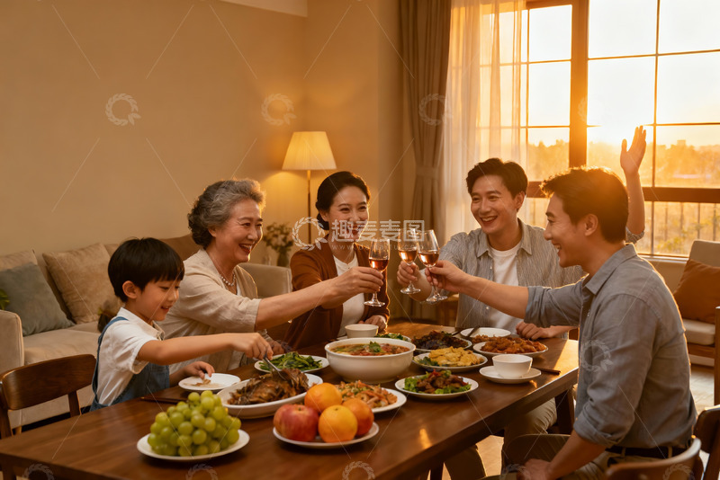 高清大图下载【趣麦麦图】三代同堂家庭聚餐温馨时刻