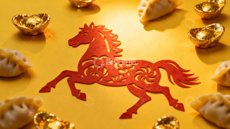 高清大图下载【趣麦麦图】春节剪纸马与饺子金元宝