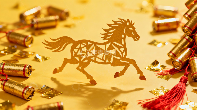 高清大图下载【趣麦麦图】金色剪纸马与鞭炮装饰