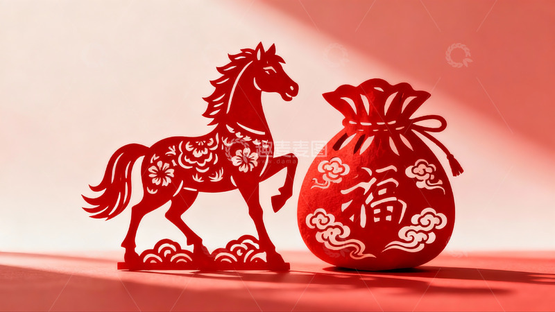 高清大图下载【趣麦麦图】红色剪纸马与福袋新年装饰