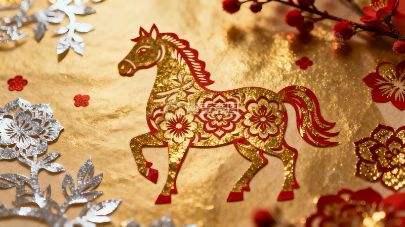 高清大图下载【趣麦麦图】金色剪纸马与花卉装饰