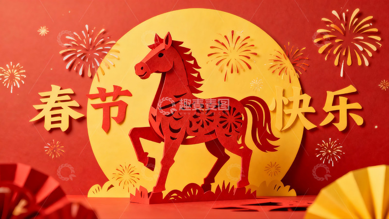 高清大图下载【趣麦麦图】春节剪纸艺术展示红色骏马