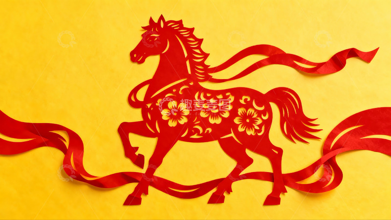 高清大图下载【趣麦麦图】红色剪纸马图案背景