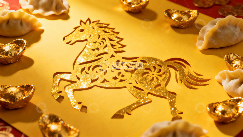 高清大图下载【趣麦麦图】金色剪纸马与饺子元宝摆盘