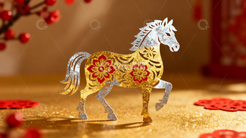 高清大图下载【趣麦麦图】金色剪纸马迎新春