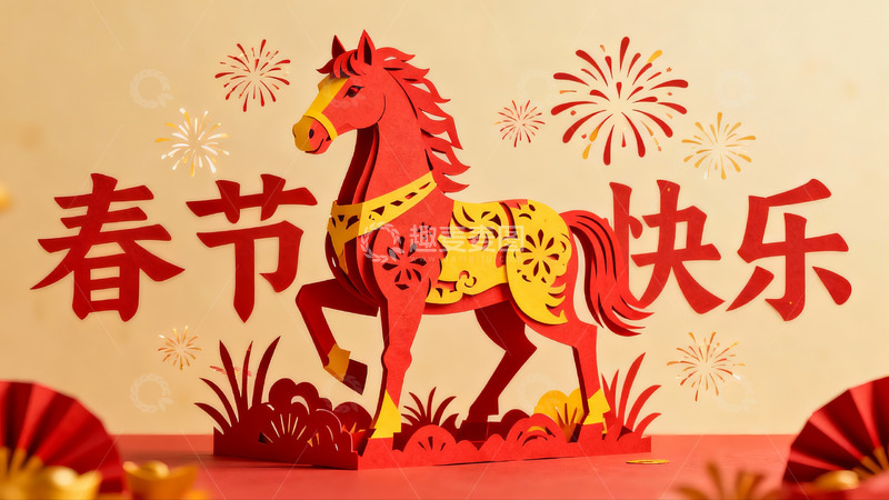 高清大图下载【趣麦麦图】春节剪纸马装饰迎新年