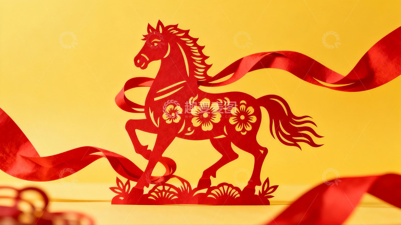 高清大图下载【趣麦麦图】红色剪纸马与飘带装饰