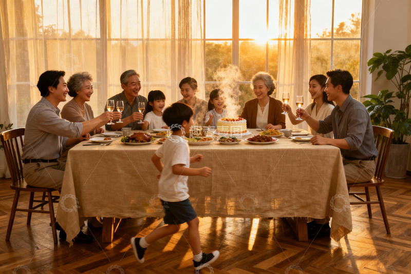 高清大图下载【趣麦麦图】温馨家庭聚餐夕阳下欢庆