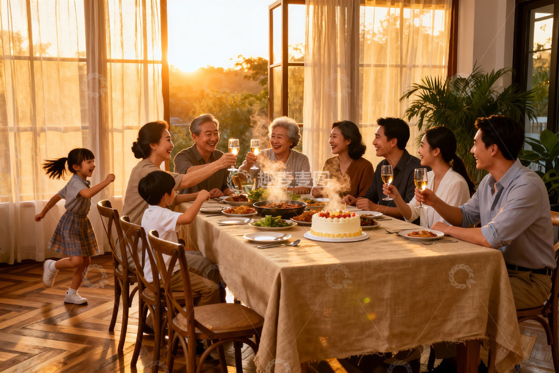 高清大图下载【趣麦麦图】温馨家庭聚餐夕阳下欢声笑语