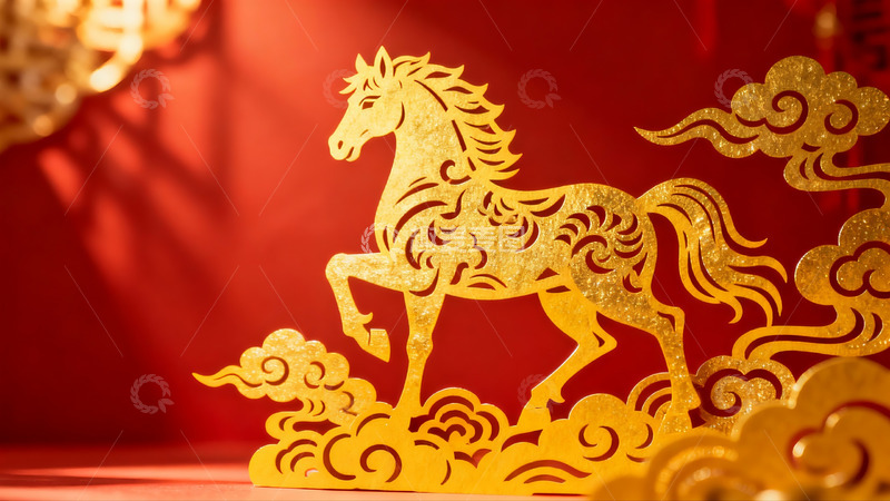 高清大图下载【趣麦麦图】金色剪纸马迎新年