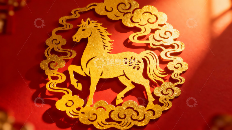 高清大图下载【趣麦麦图】金色剪纸马图案红色背景