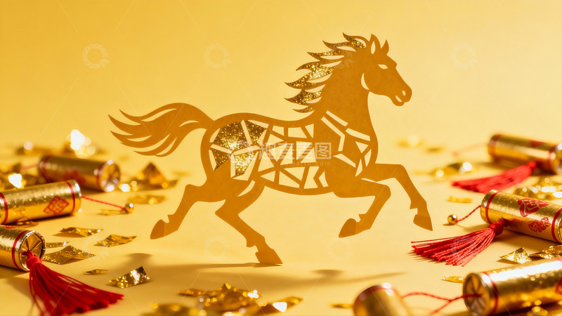 高清大图下载【趣麦麦图】金色剪纸马与节日装饰