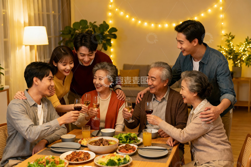 高清大图下载【趣麦麦图】温馨家庭聚餐举杯欢庆