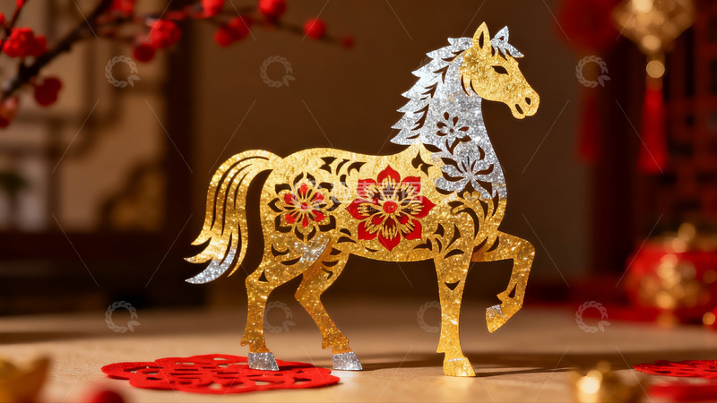 高清大图下载【趣麦麦图】金色剪纸马迎新春装饰