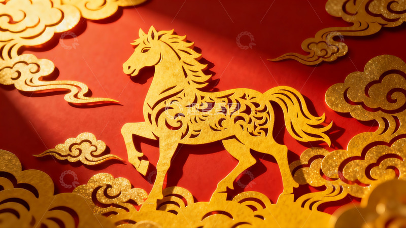 高清大图下载【趣麦麦图】金色剪纸马迎新年