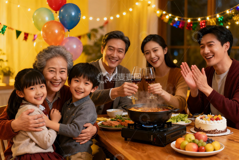 高清大图下载【趣麦麦图】温馨家庭聚餐举杯欢庆