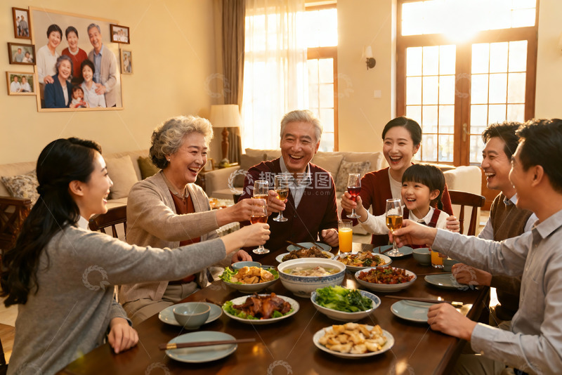 高清大图下载【趣麦麦图】三代同堂家庭聚餐举杯欢庆