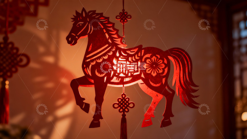 高清大图下载【趣麦麦图】红色剪纸马挂饰光影效果