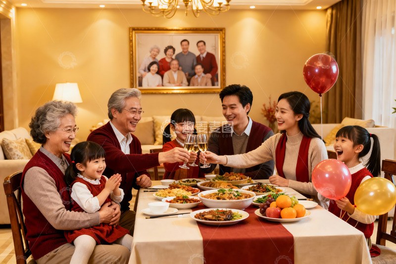 高清大图下载【趣麦麦图】温馨家庭聚餐举杯欢庆