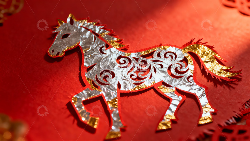 高清大图下载【趣麦麦图】红色背景上的剪纸马艺术作品
