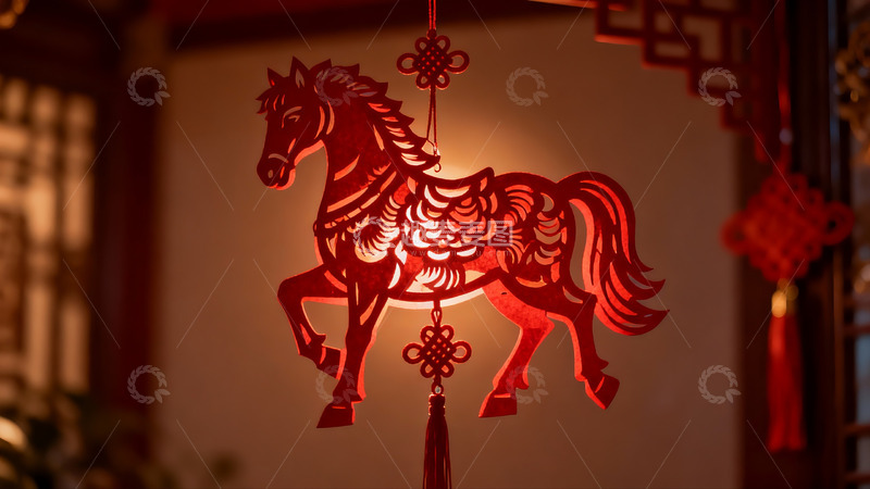 高清大图下载【趣麦麦图】红色剪纸马挂饰光影特写