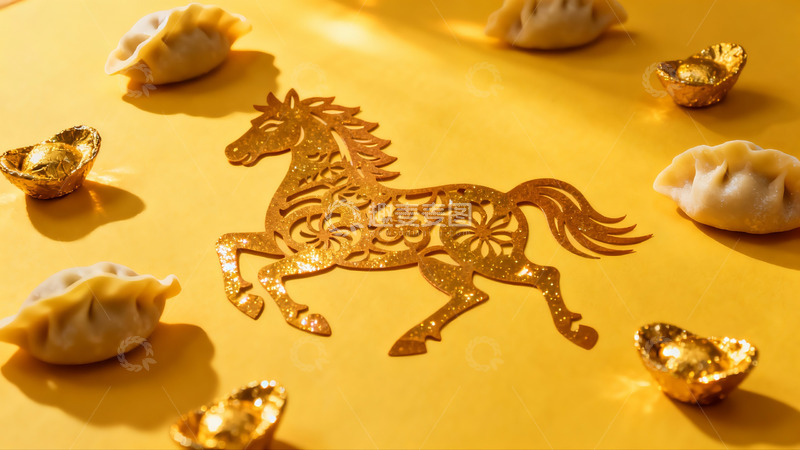 高清大图下载【趣麦麦图】金色剪纸马与饺子元宝摆拍