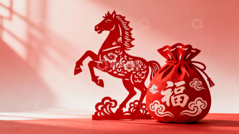 高清大图下载【趣麦麦图】红色剪纸马与福袋新年装饰