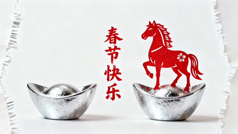 高清大图下载【趣麦麦图】春节剪纸银元宝装饰摆件