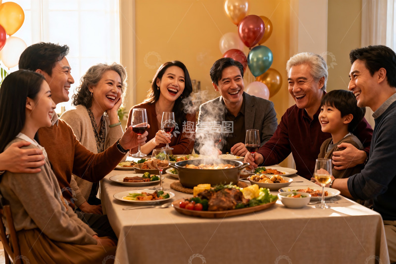 高清大图下载【趣麦麦图】家庭聚餐欢笑共享美食时光
