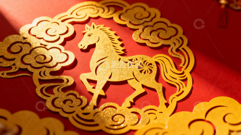 高清大图下载【趣麦麦图】金色剪纸马迎新年装饰