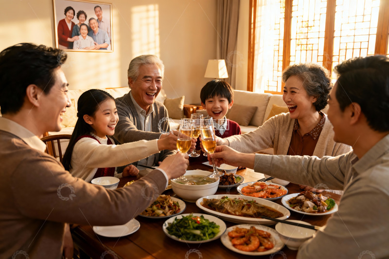 高清大图下载【趣麦麦图】三代同堂家庭聚餐举杯欢庆