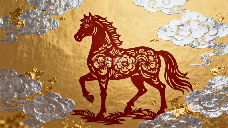 高清大图下载【趣麦麦图】金色背景上的红色马形剪纸艺术