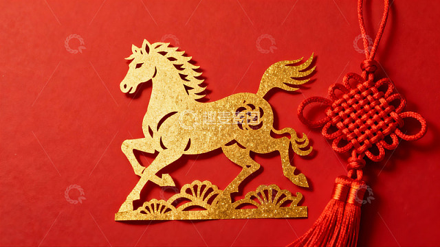 红色背景上的金色剪纸马与中国结