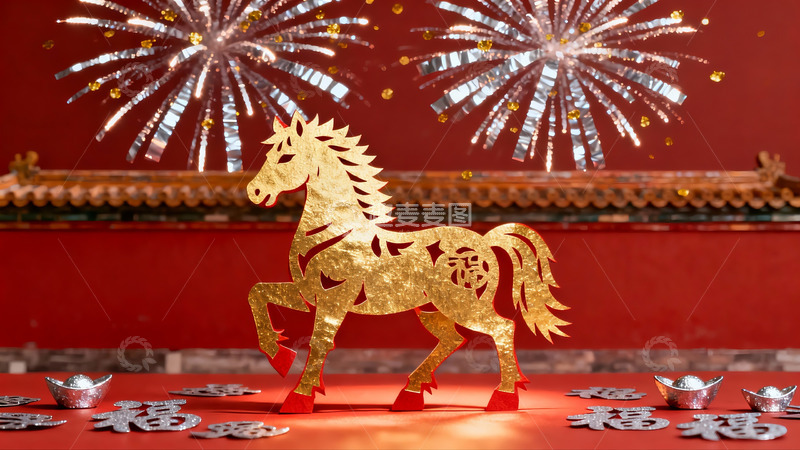 高清大图下载【趣麦麦图】春节剪纸马与烟花装饰