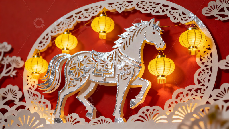 高清大图下载【趣麦麦图】红色背景剪纸马与灯笼装饰