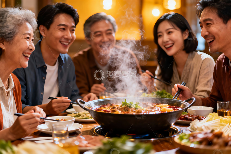 高清大图下载【趣麦麦图】家人围坐火锅聚餐其乐融融