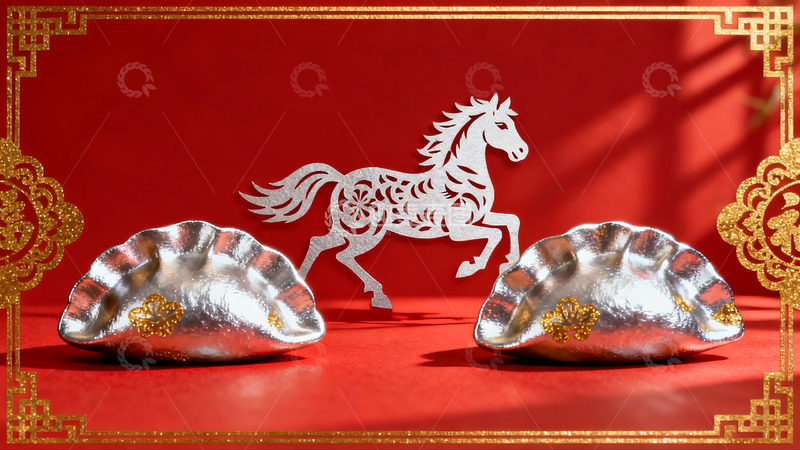 高清大图下载【趣麦麦图】红色背景上的剪纸马与银碗