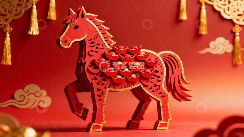 高清大图下载【趣麦麦图】红色剪纸马装饰新年氛围浓厚