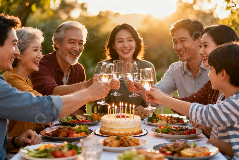 高清大图下载【趣麦麦图】家庭户外聚餐举杯庆生