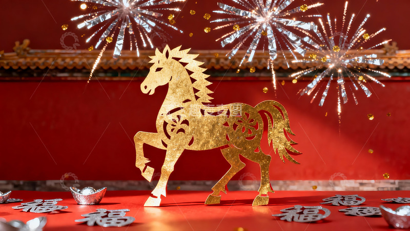 高清大图下载【趣麦麦图】金色剪纸马迎新春烟花绽放