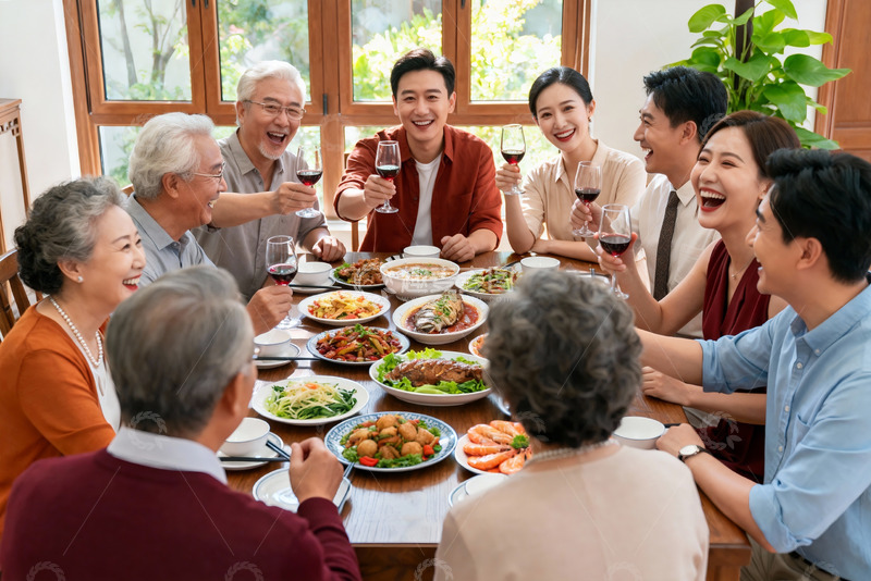 高清大图下载【趣麦麦图】三代同堂家庭聚餐欢庆时刻