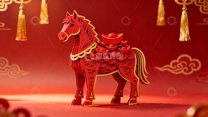 高清大图下载【趣麦麦图】红色纸艺马与金色元宝装饰