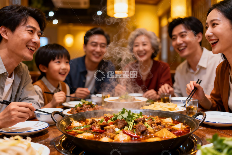 高清大图下载【趣麦麦图】家庭聚餐热气腾腾火锅欢笑